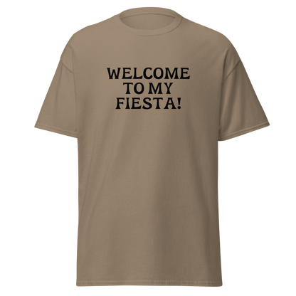 "Welcome to my fiesta!" printed on a brown savana on an invisible body