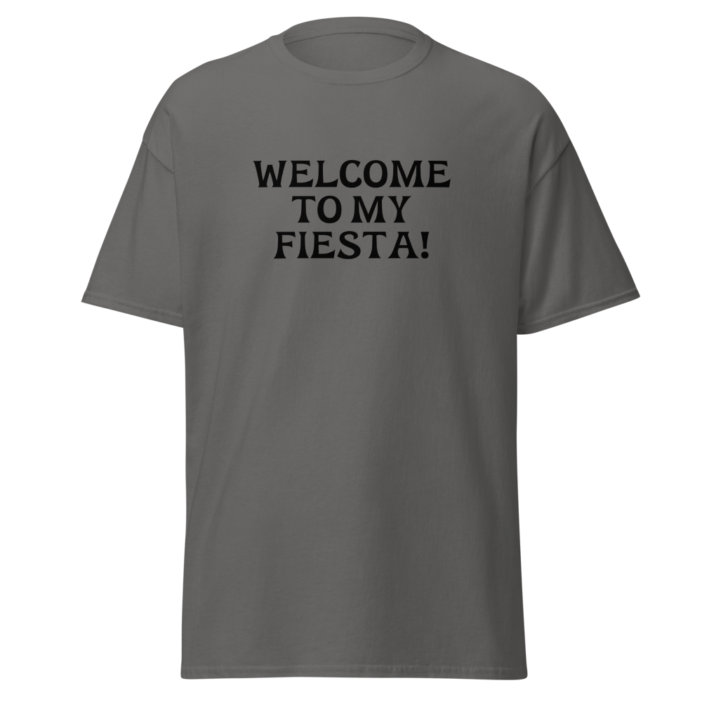 "Welcome to my fiesta!" printed on a charcoal on an invisible body