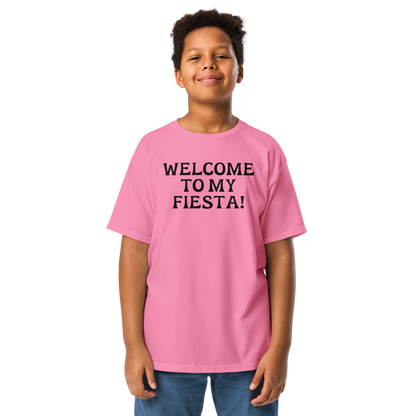 "Welcome to my fiesta!" printed on a azalea youth classic tee worn by a male