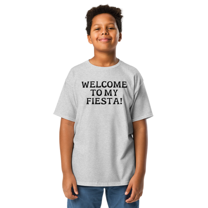 "Welcome to my fiesta!" printed on a sport grey youth classic tee worn by a male