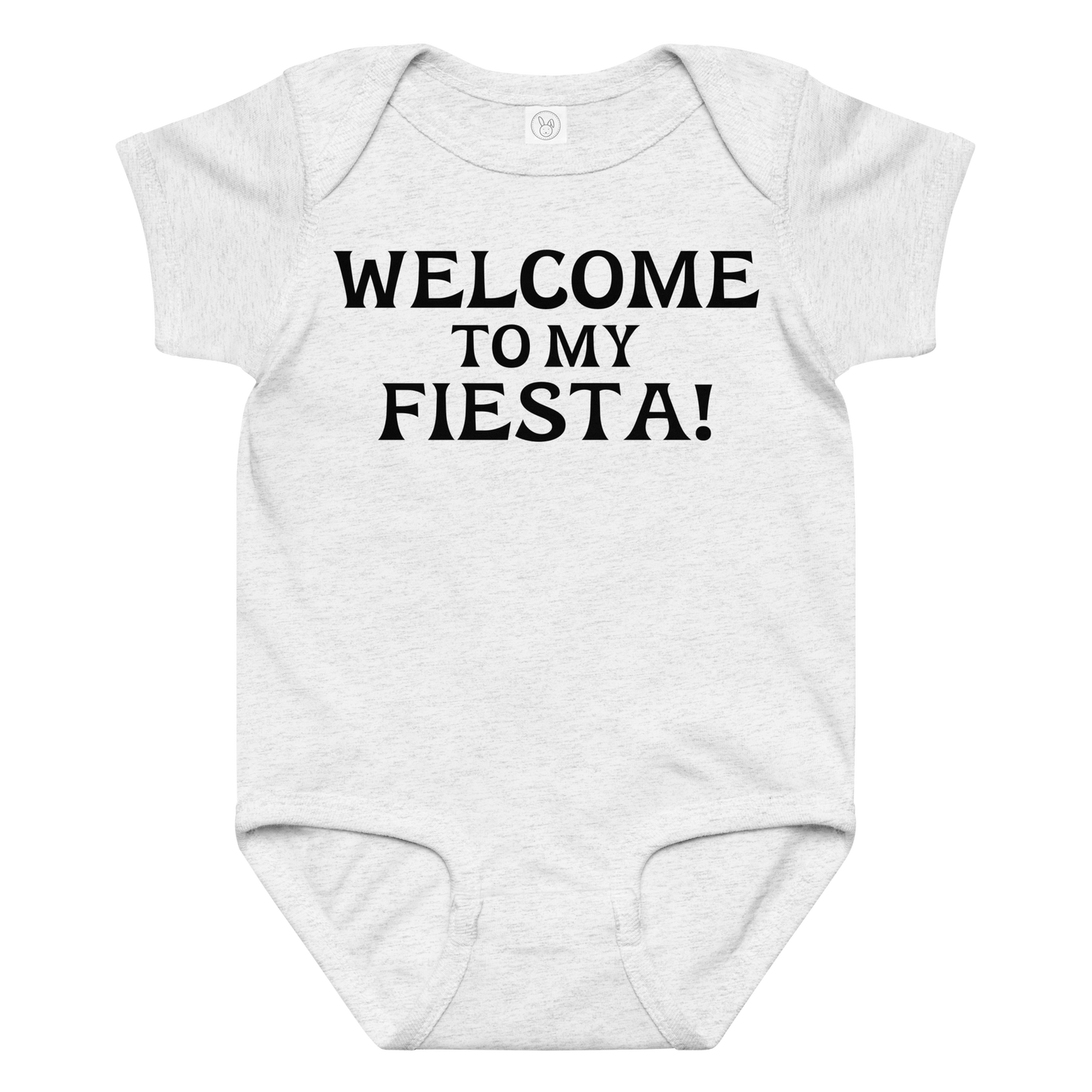 "Welcome to my fiesta!" printed on a ash baby jersey bodysuit laying on a flat surface amongst other clothes