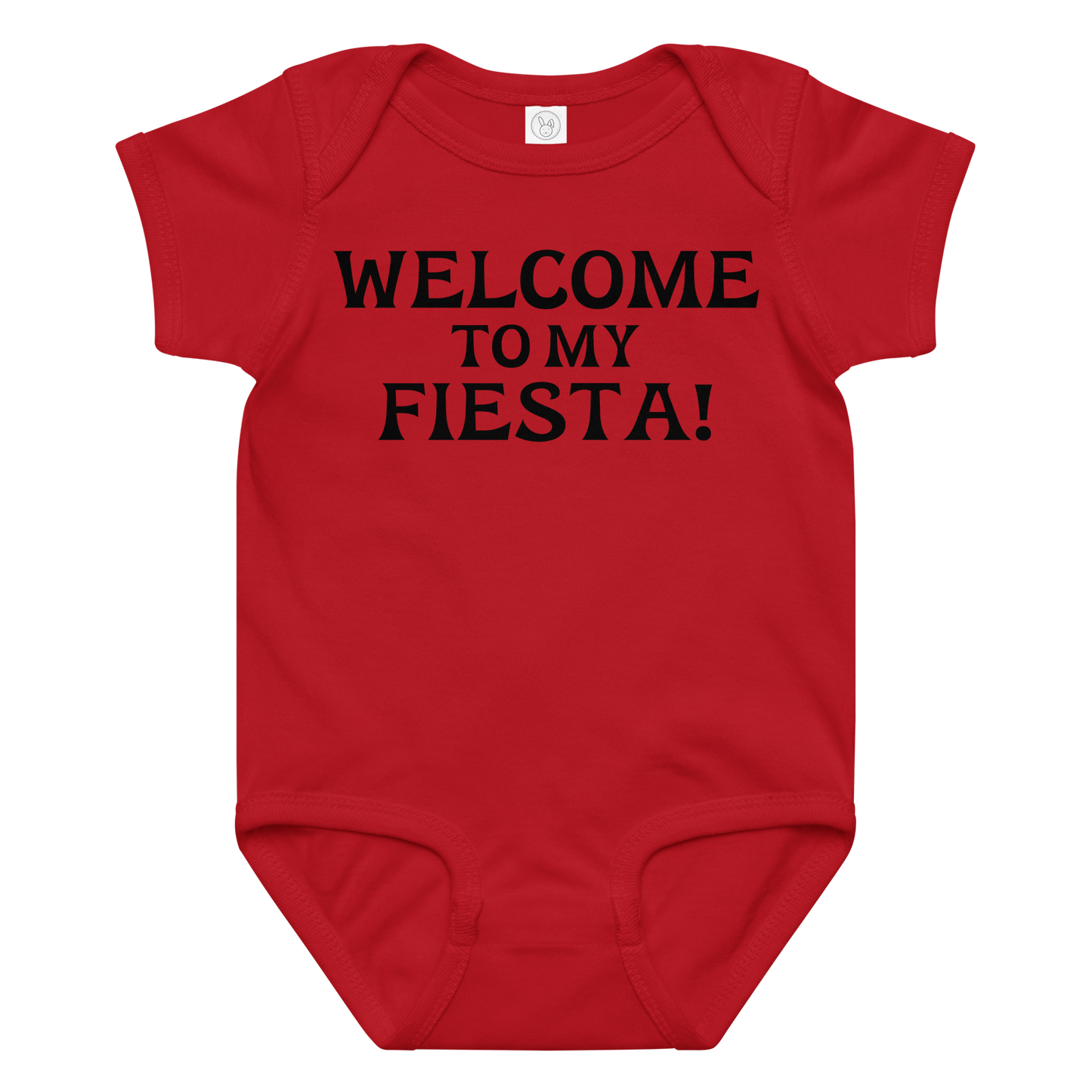 "Welcome to my fiesta!" printed on a red baby jersey bodysuit laying on a flat surface amongst other clothes