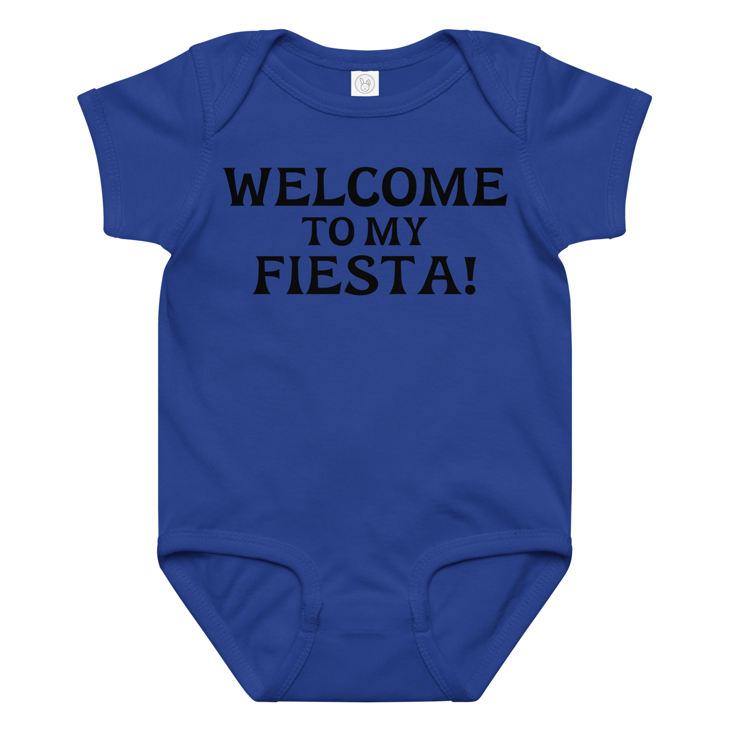 "Welcome to my fiesta!" printed on a royal baby jersey bodysuit laying on a flat surface amongst other clothes