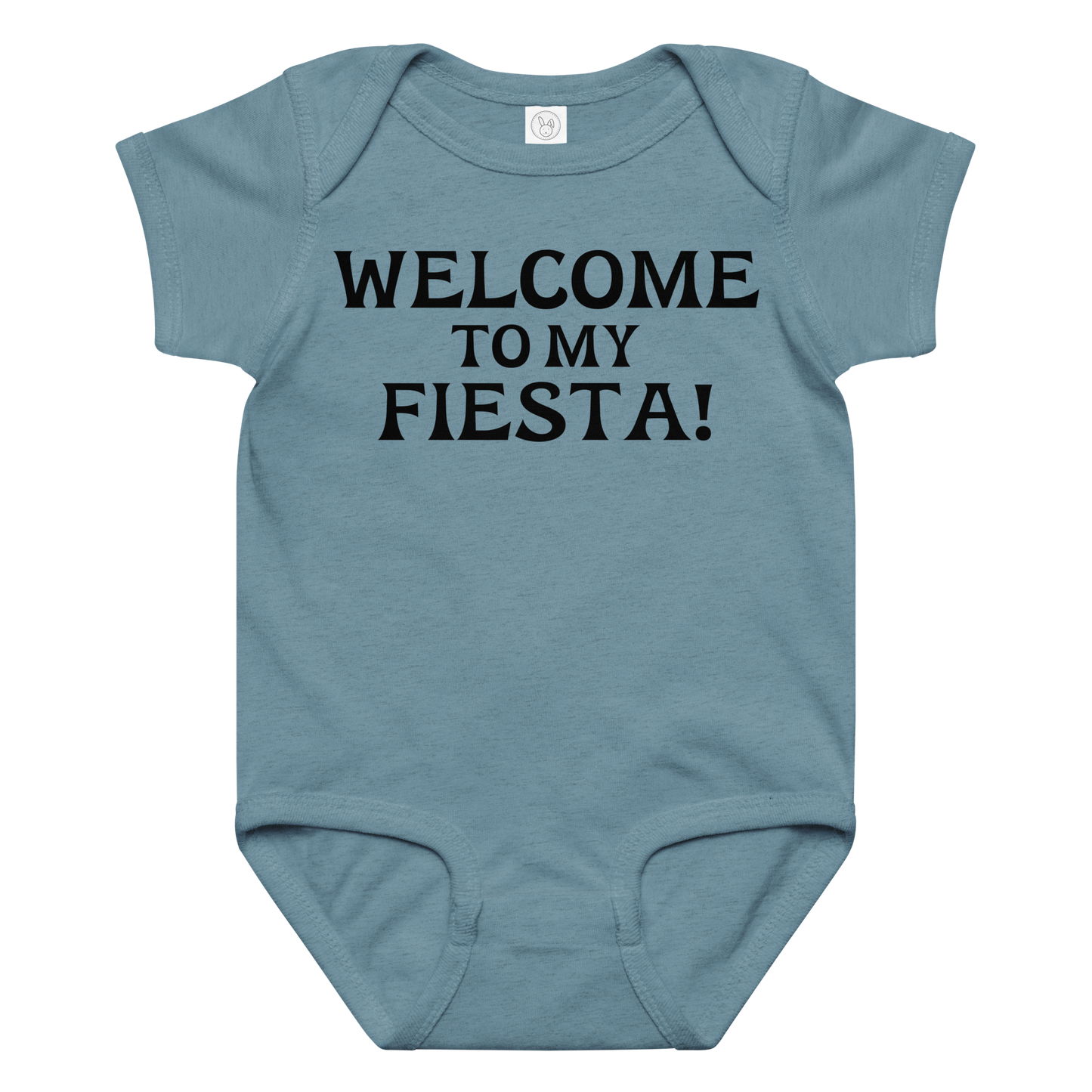 "Welcome to my fiesta!" printed on a vintage indigo baby jersey bodysuit laying on a flat surface amongst other clothes