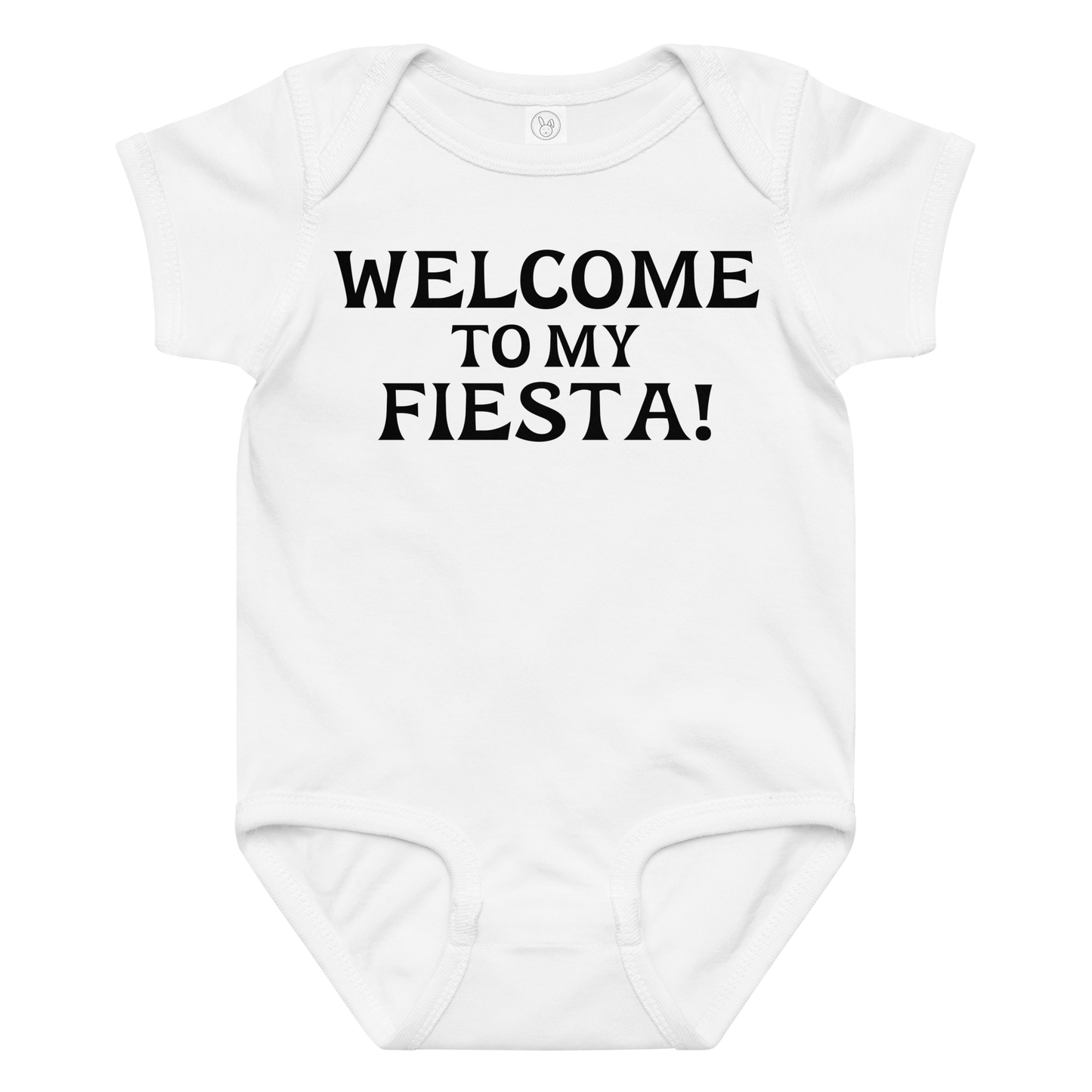"Welcome to my fiesta!" printed on a white baby jersey bodysuit laying on a flat surface amongst other clothes