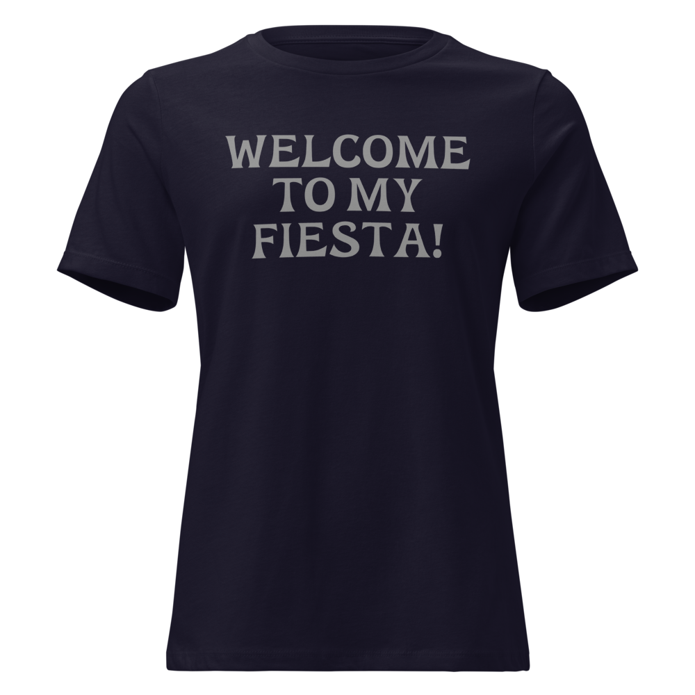 "Welcome to my fiesta!" printed on a navy on an invisible / simulated body