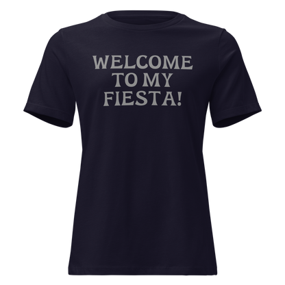 "Welcome to my fiesta!" printed on a navy on an invisible / simulated body