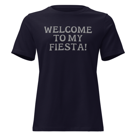 "Welcome to my fiesta!" printed on a navy on an invisible / simulated body