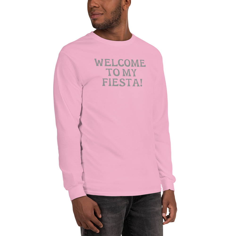 "Welcome to my fiesta!" printed on a light pink men's long sleeve shirt worn by a male
