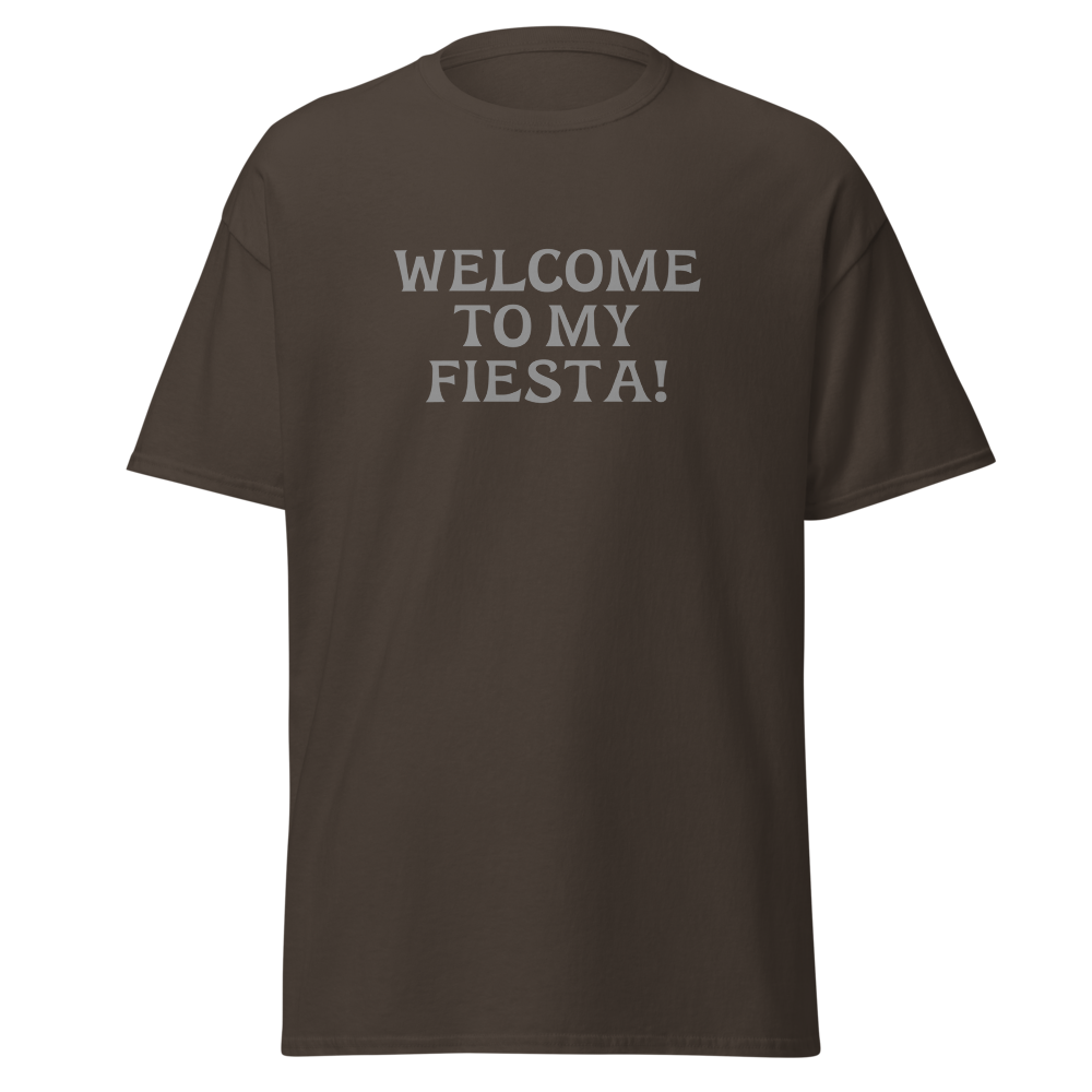 "Welcome to my fiesta!" printed on a dark chocolate on an invisible body
