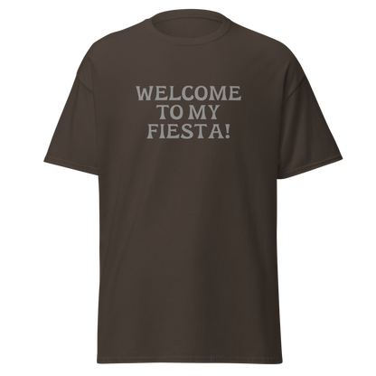 "Welcome to my fiesta!" printed on a dark chocolate on an invisible body