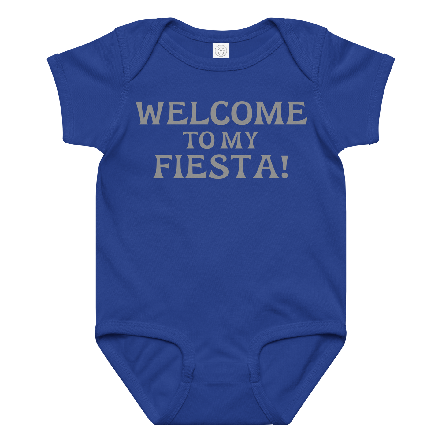 "Welcome to my fiesta!" printed on a royal baby jersey bodysuit laying on a flat surface amongst other clothes
