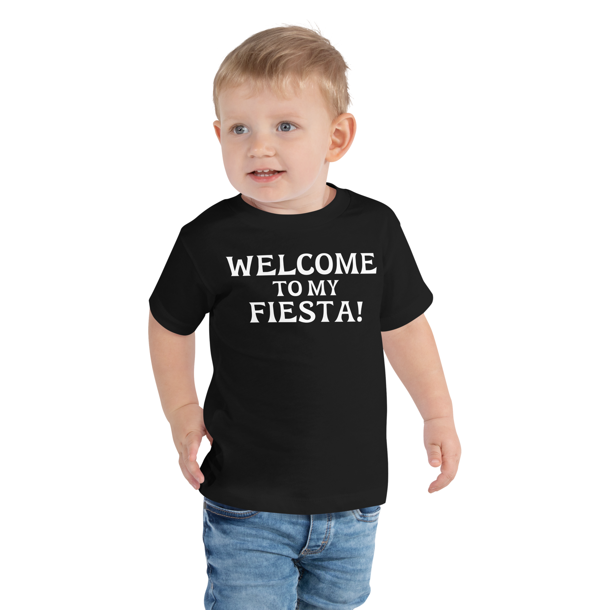 "Welcome to my fiesta!" printed on a black toddler short sleeve tee worn by a male