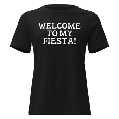 "Welcome to my fiesta!" printed on a black on an invisible / simulated body