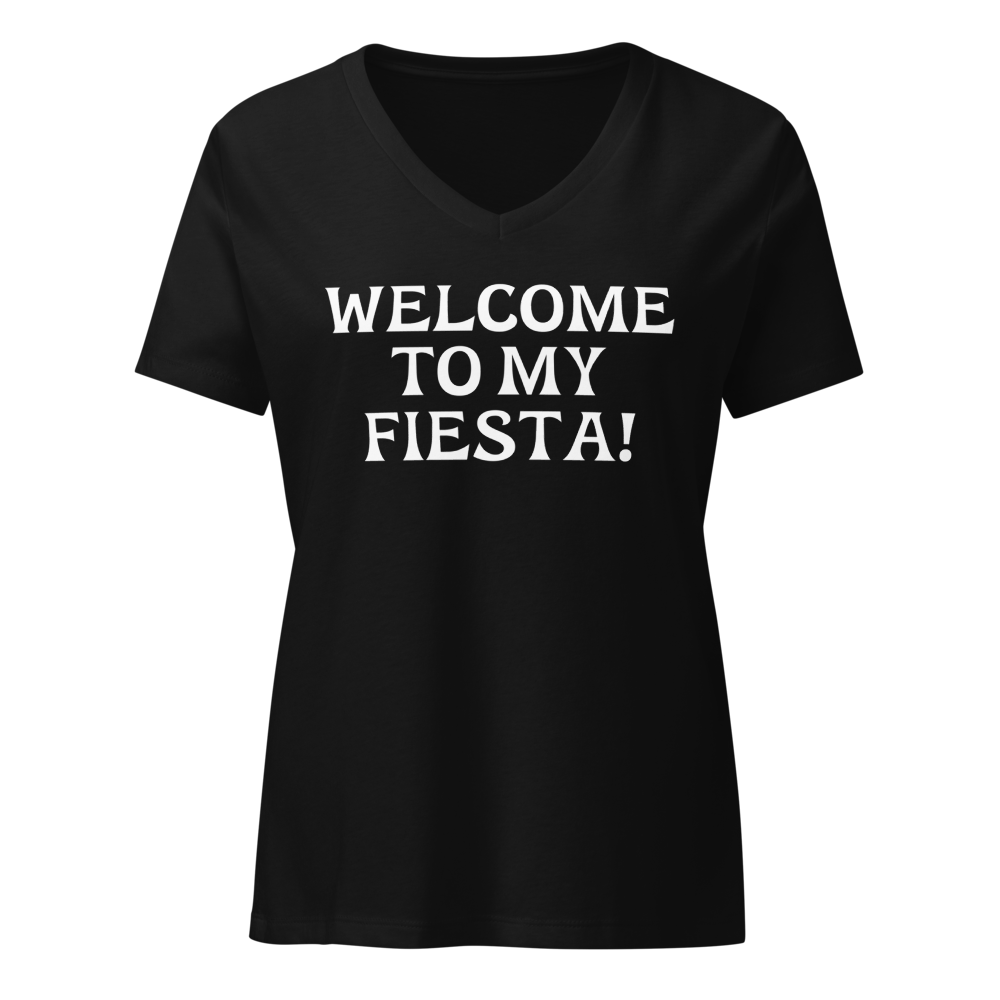 "Welcome to my fiesta!" printed on a solid black blend on an invisible / simulated body