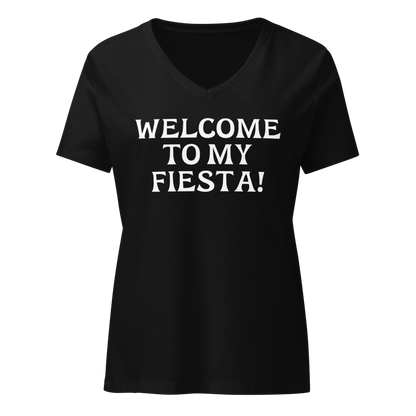 "Welcome to my fiesta!" printed on a solid black blend on an invisible / simulated body