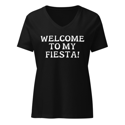 "Welcome to my fiesta!" printed on a solid black blend on an invisible / simulated body