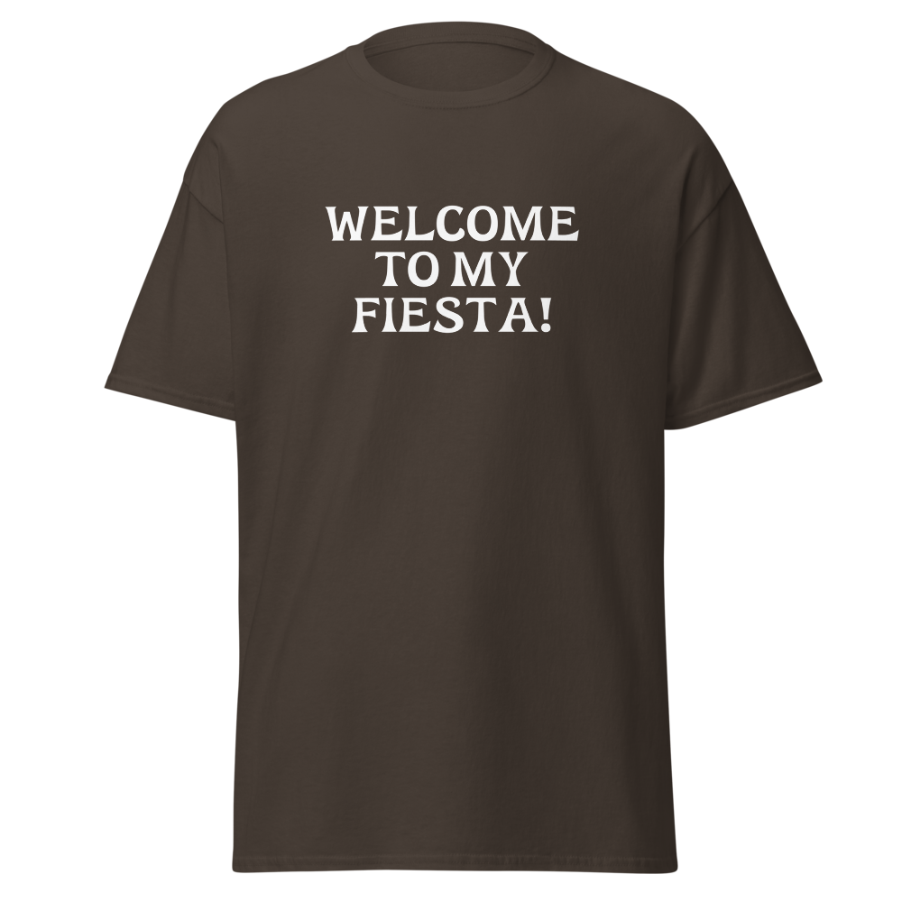 "Welcome to my fiesta!" printed on a dark chocolate on an invisible body