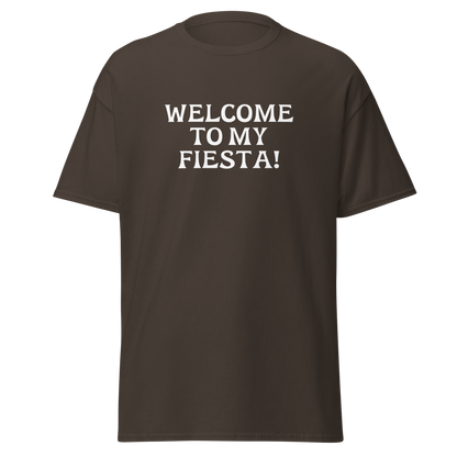 "Welcome to my fiesta!" printed on a dark chocolate on an invisible body