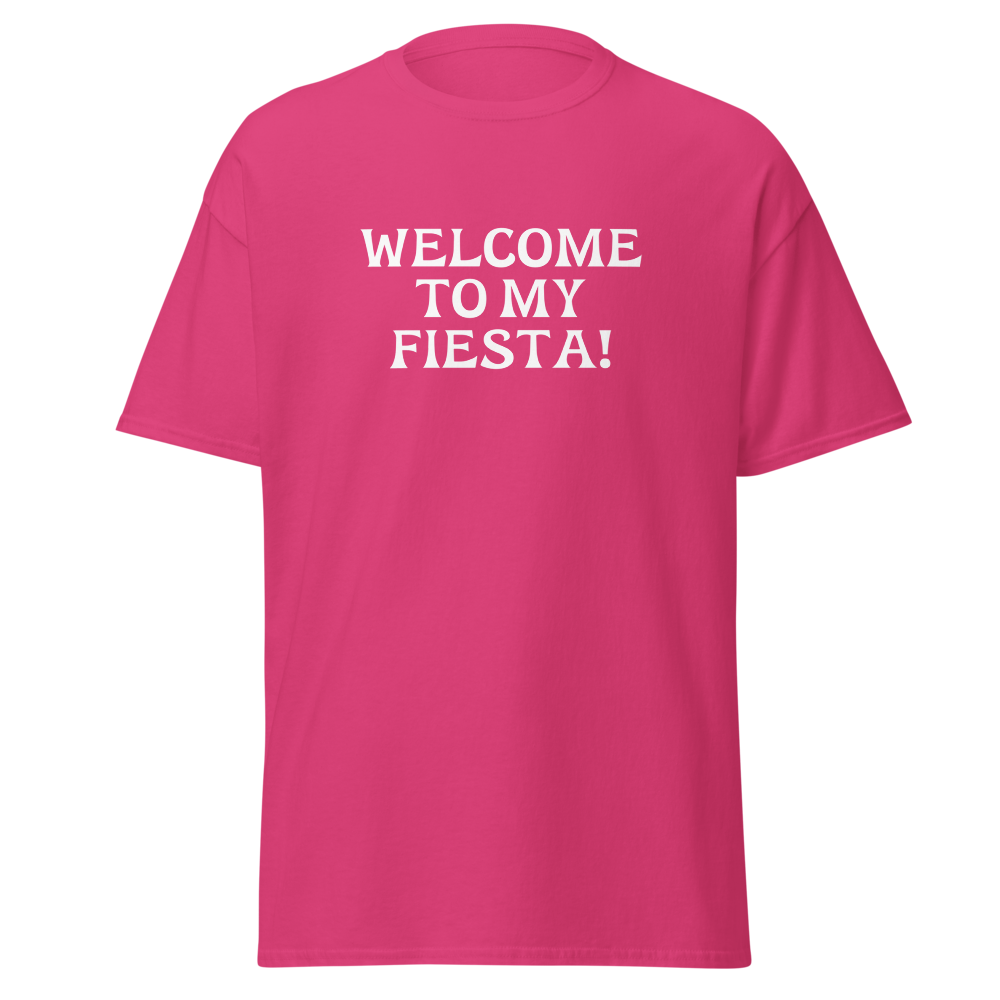 "Welcome to my fiesta!" printed on a heliconia on an invisible body