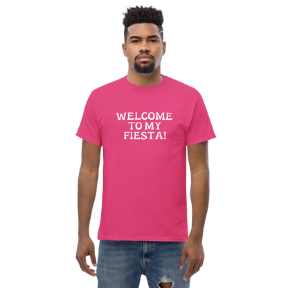 "Welcome to my fiesta!" printed on a heliconia unisex classic tee worn by a male