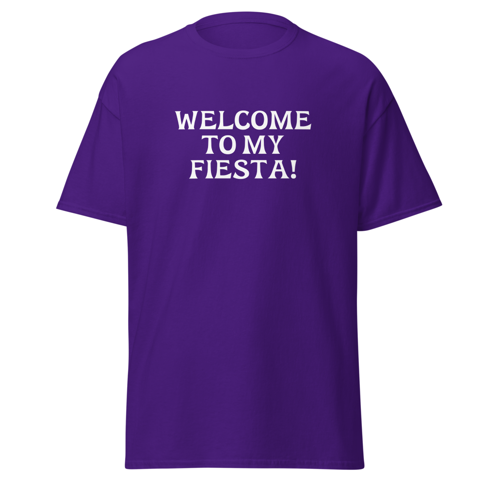 "Welcome to my fiesta!" printed on a purple on an invisible body