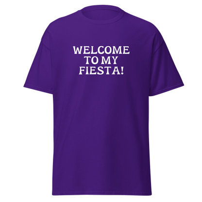 "Welcome to my fiesta!" printed on a purple on an invisible body