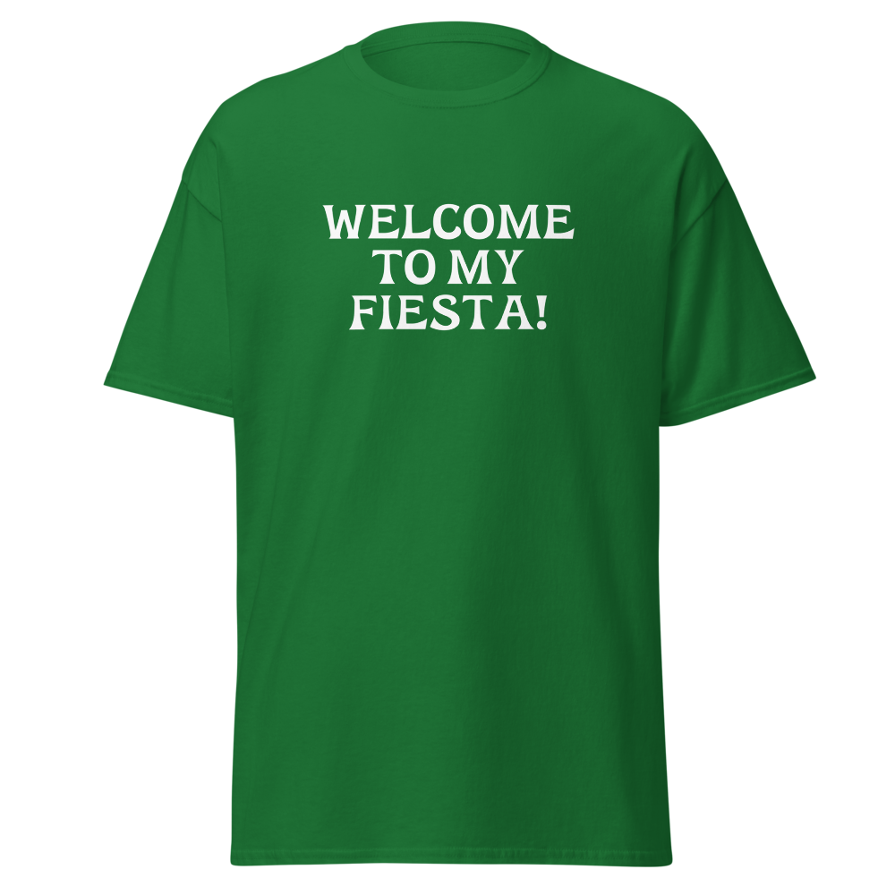 "Welcome to my fiesta!" printed on a turf green on an invisible body
