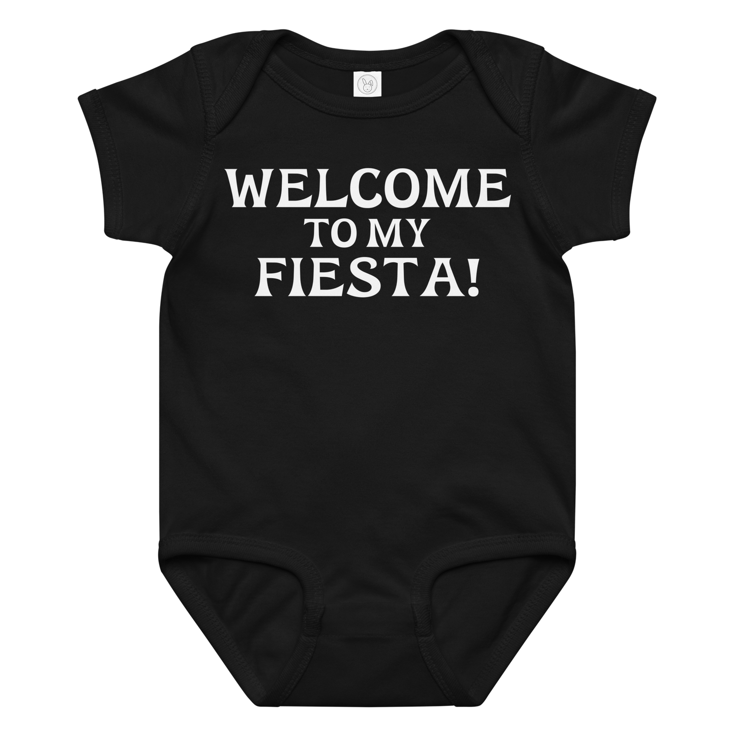 "Welcome to my fiesta!" printed on a black baby jersey bodysuit laying on a flat surface amongst other clothes
