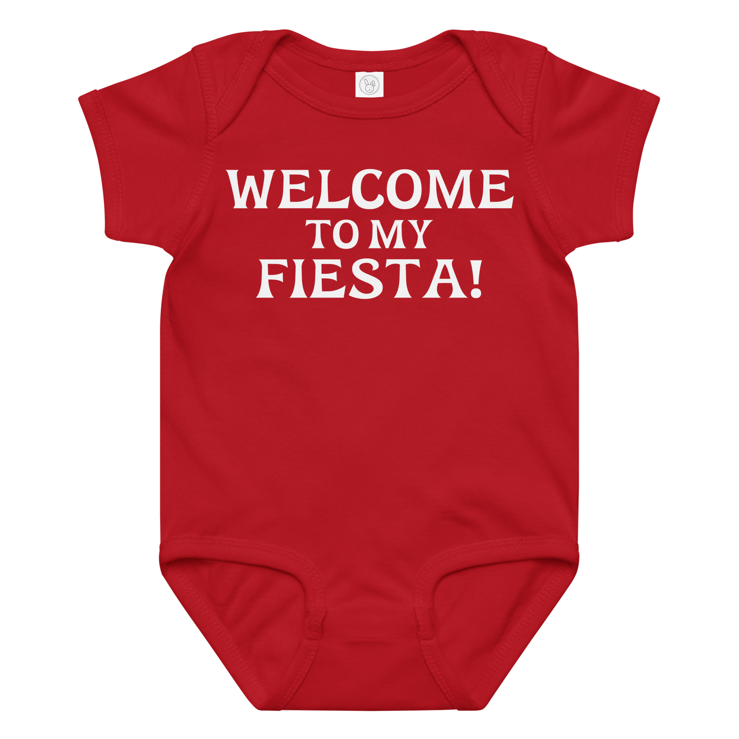 "Welcome to my fiesta!" printed on a red baby jersey bodysuit laying on a flat surface amongst other clothes