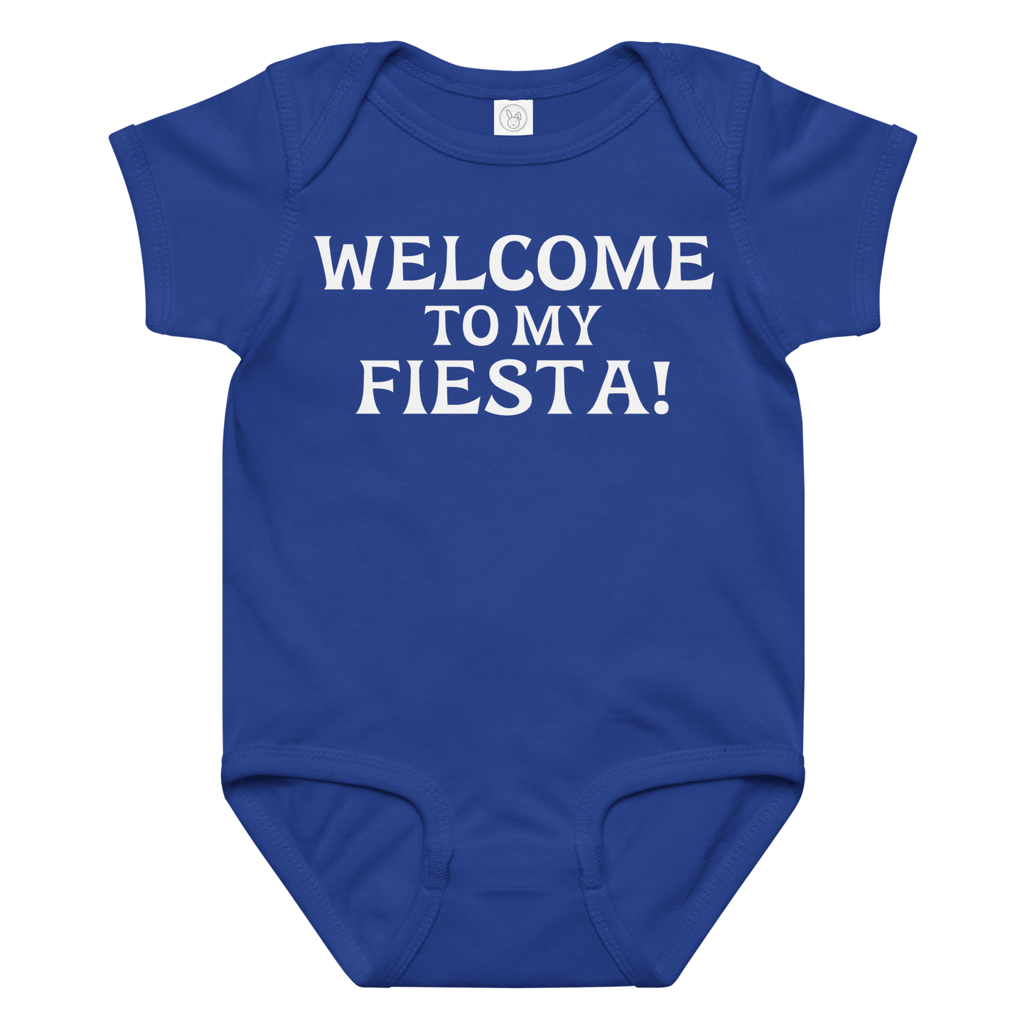 "Welcome to my fiesta!" printed on a royal baby jersey bodysuit laying on a flat surface amongst other clothes