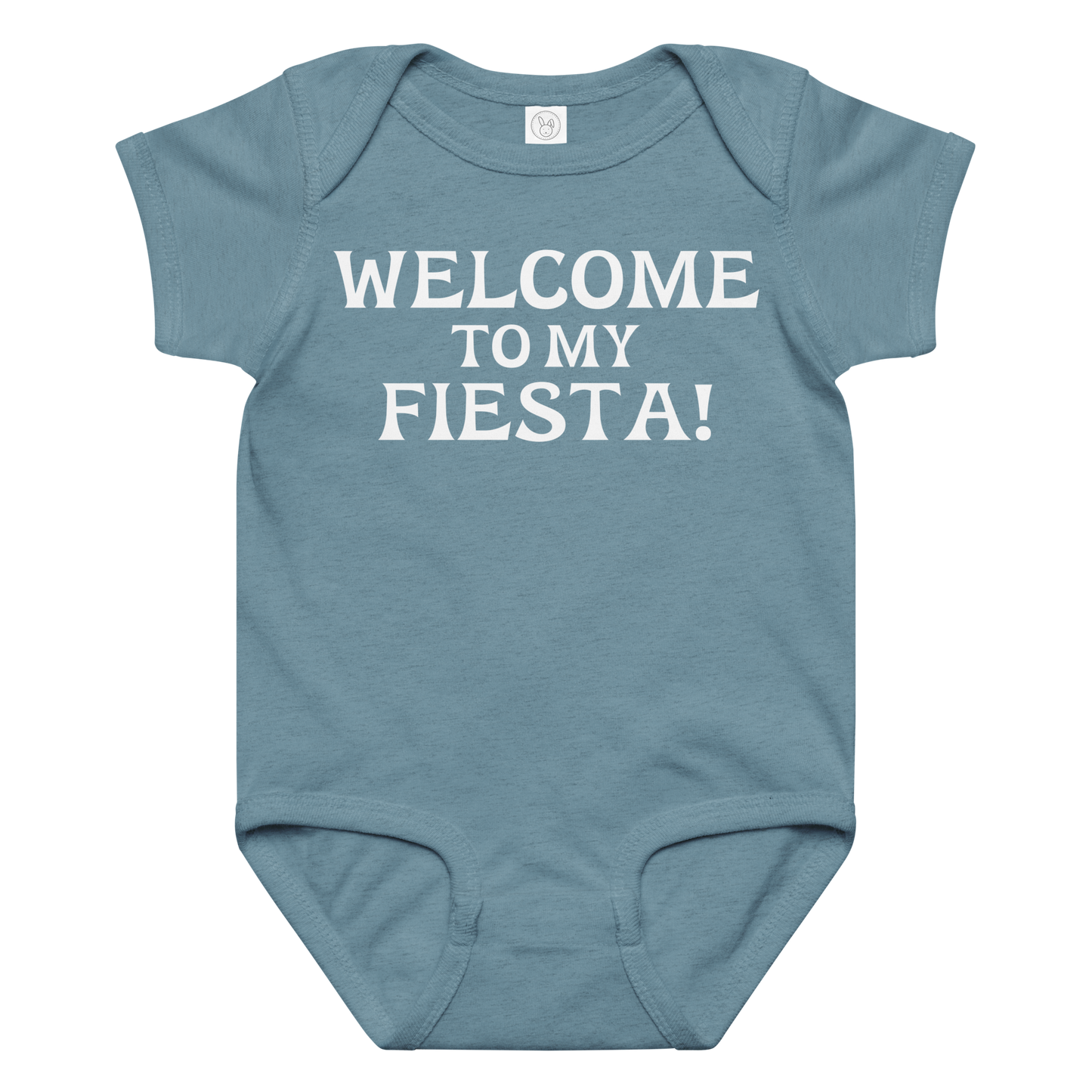 "Welcome to my fiesta!" printed on a vintage indigo baby jersey bodysuit laying on a flat surface amongst other clothes