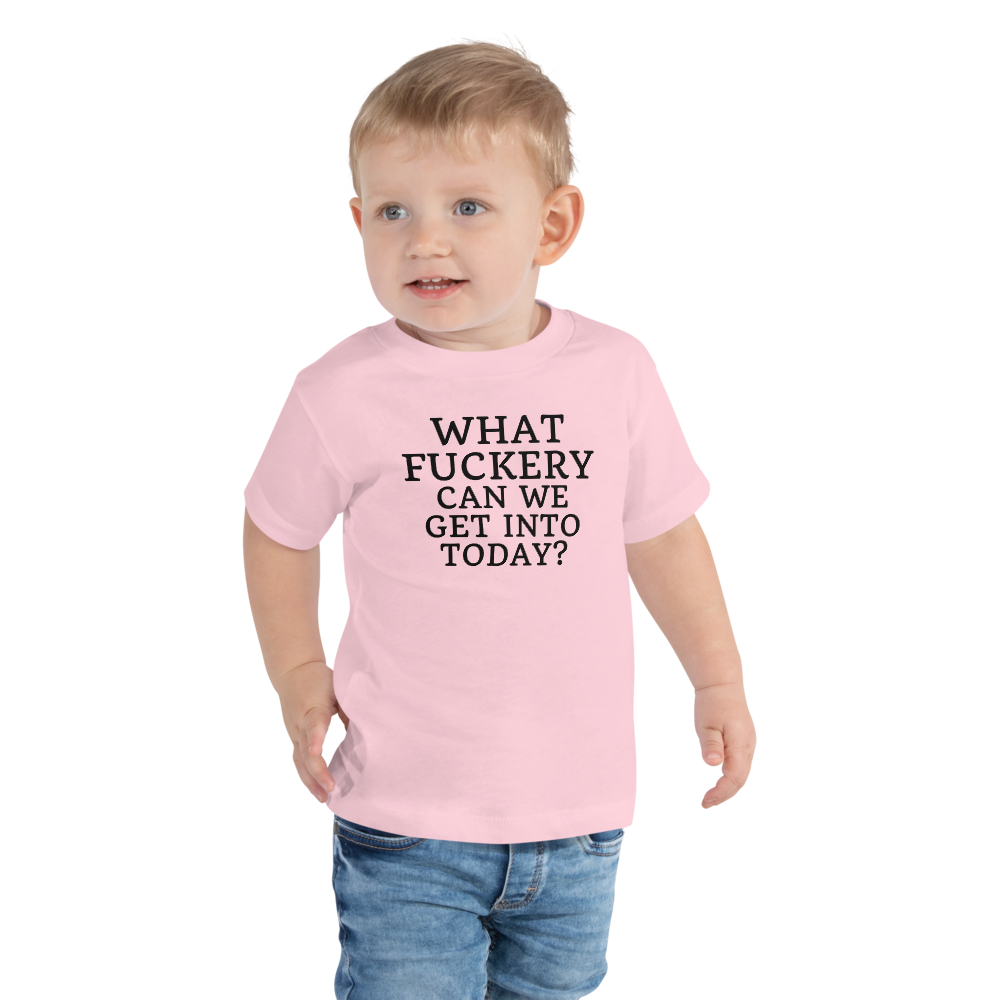 "What fuckery can we get into today?" printed on a pink toddler short sleeve tee worn by a male