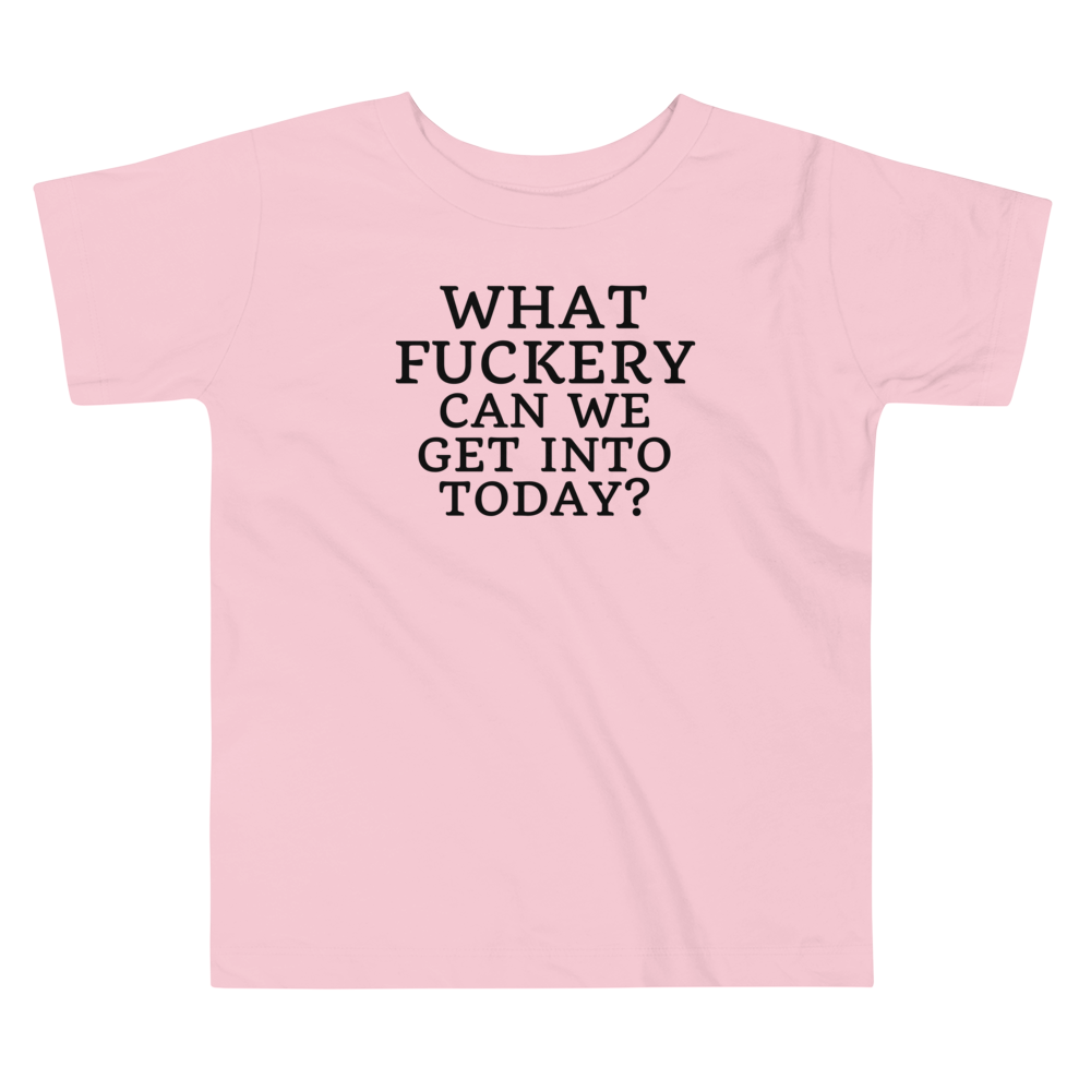 "What fuckery can we get into today?" printed on a pink toddler short sleeve tee laying on a flat surface