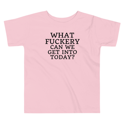 "What fuckery can we get into today?" printed on a pink toddler short sleeve tee laying on a flat surface