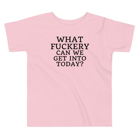 "What fuckery can we get into today?" printed on a pink toddler short sleeve tee laying on a flat surface