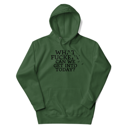 "What fuckery can we get into today?" printed on a forest green unisex hoodie laying on a flat surface with the hood up