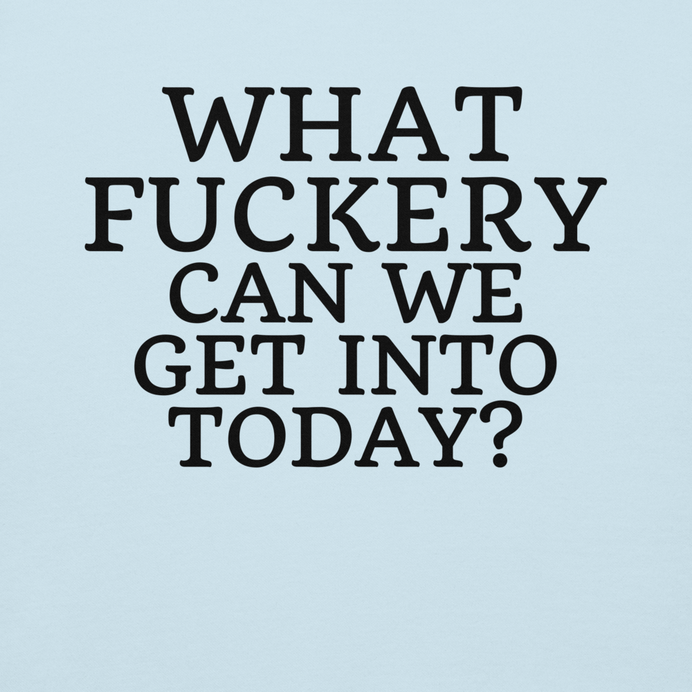 "What fuckery can we get into today?" printed on a sky blue background
