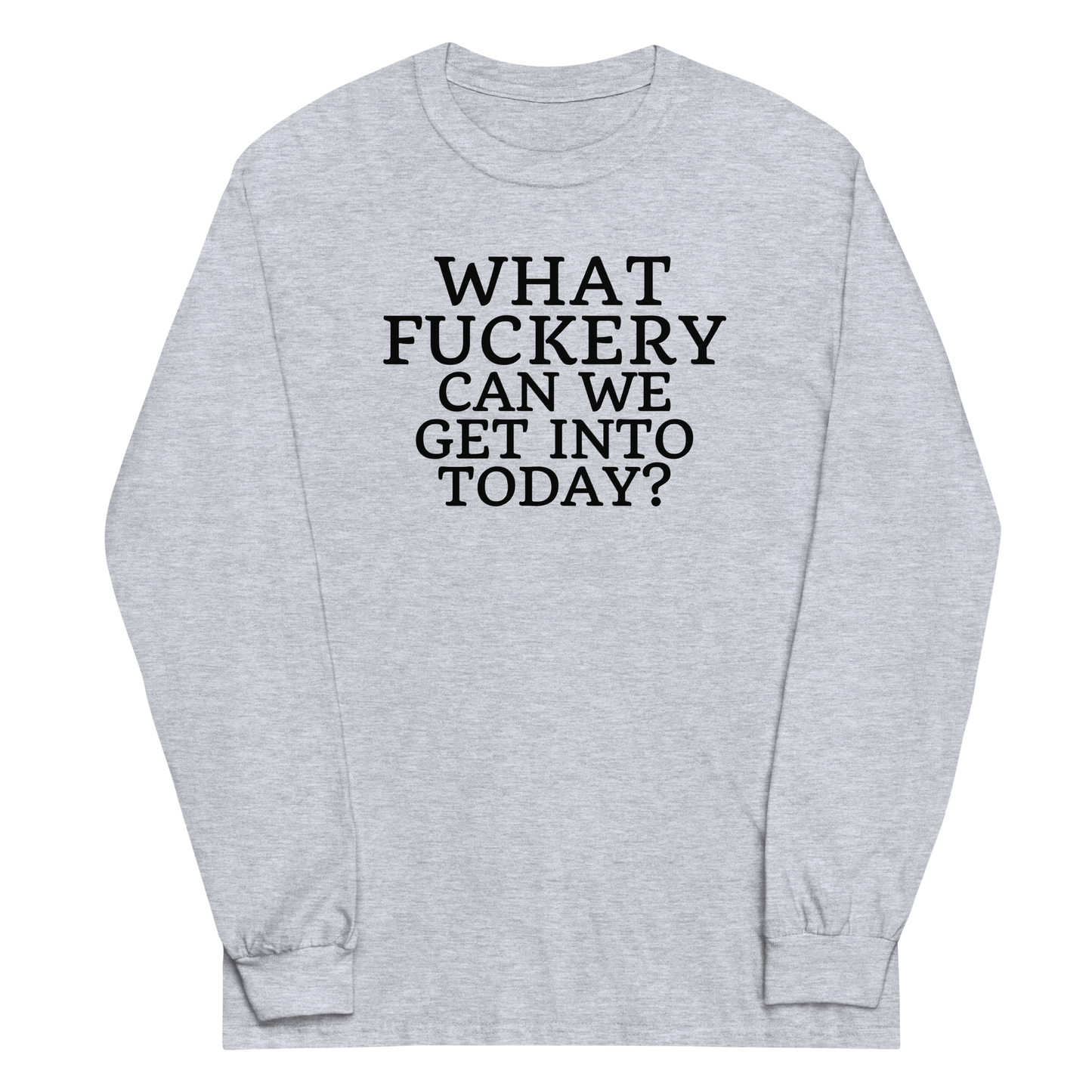 "What fuckery can we get into today?" printed on a sport grey men's long sleeve shirt laying on a flat surface