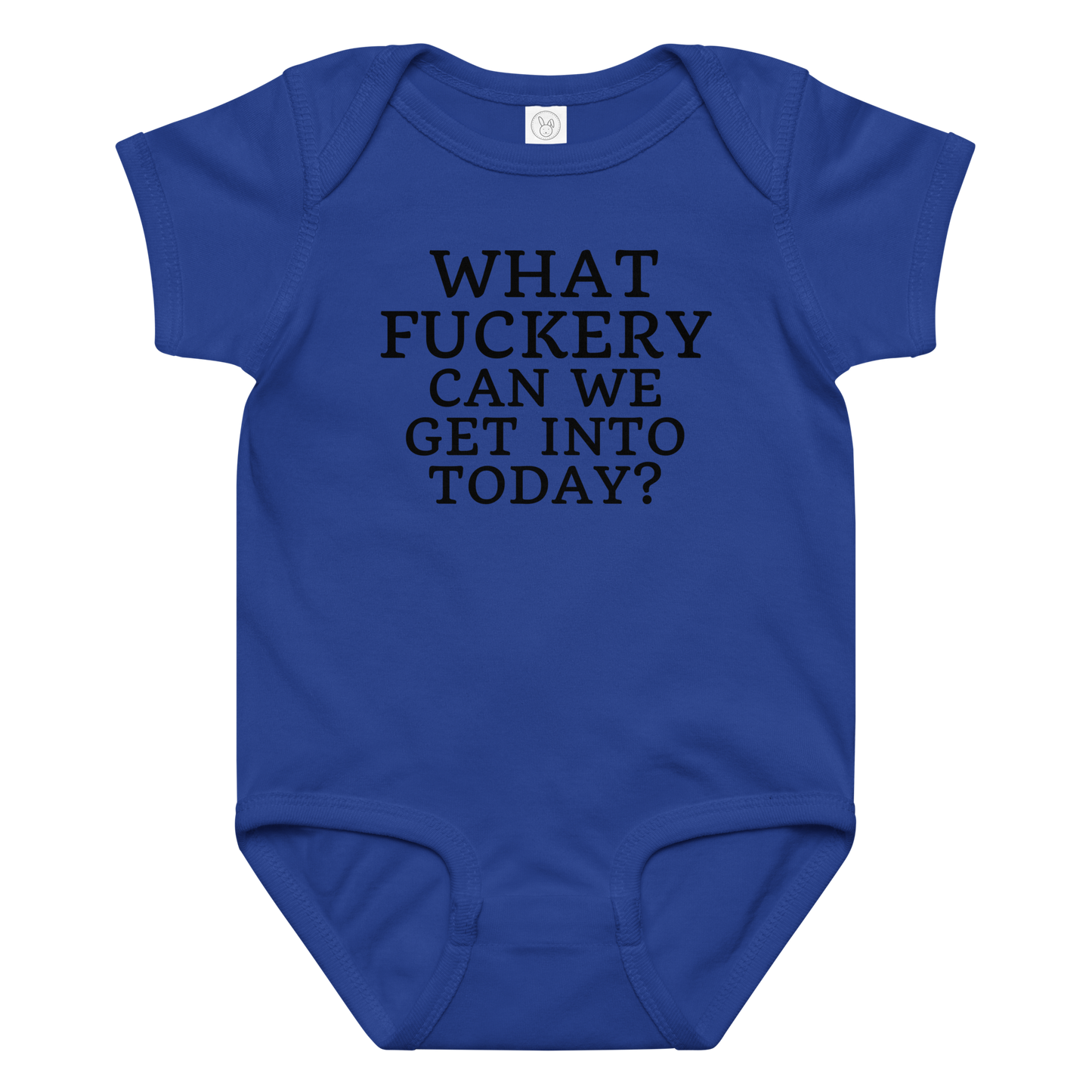 "What fuckery can we get into today?" printed on a royal baby jersey bodysuit laying on a flat surface amongst other clothes