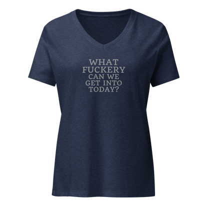 "What fuckery can we get into today?" printed on a heather navy on an invisible / simulated body