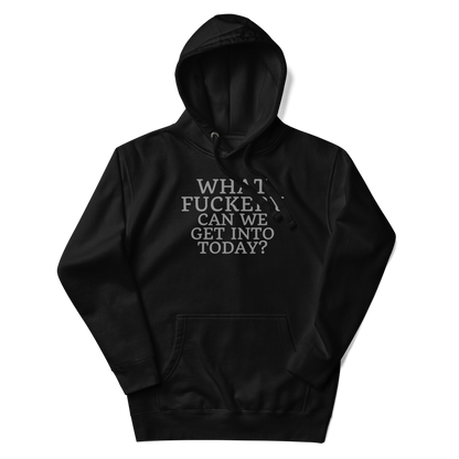 "What fuckery can we get into today?" printed on a black unisex hoodie laying on a flat surface with the hood up