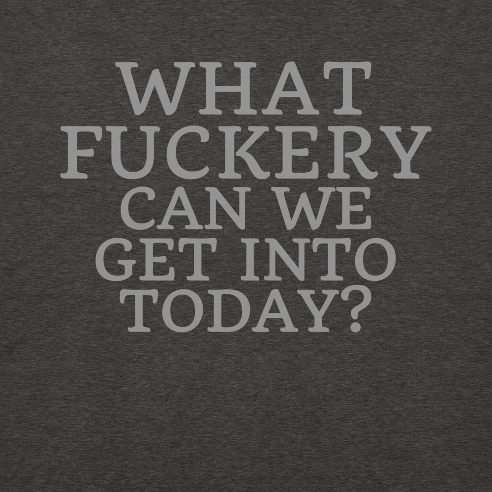 "What fuckery can we get into today?" printed on a charcoal heather background