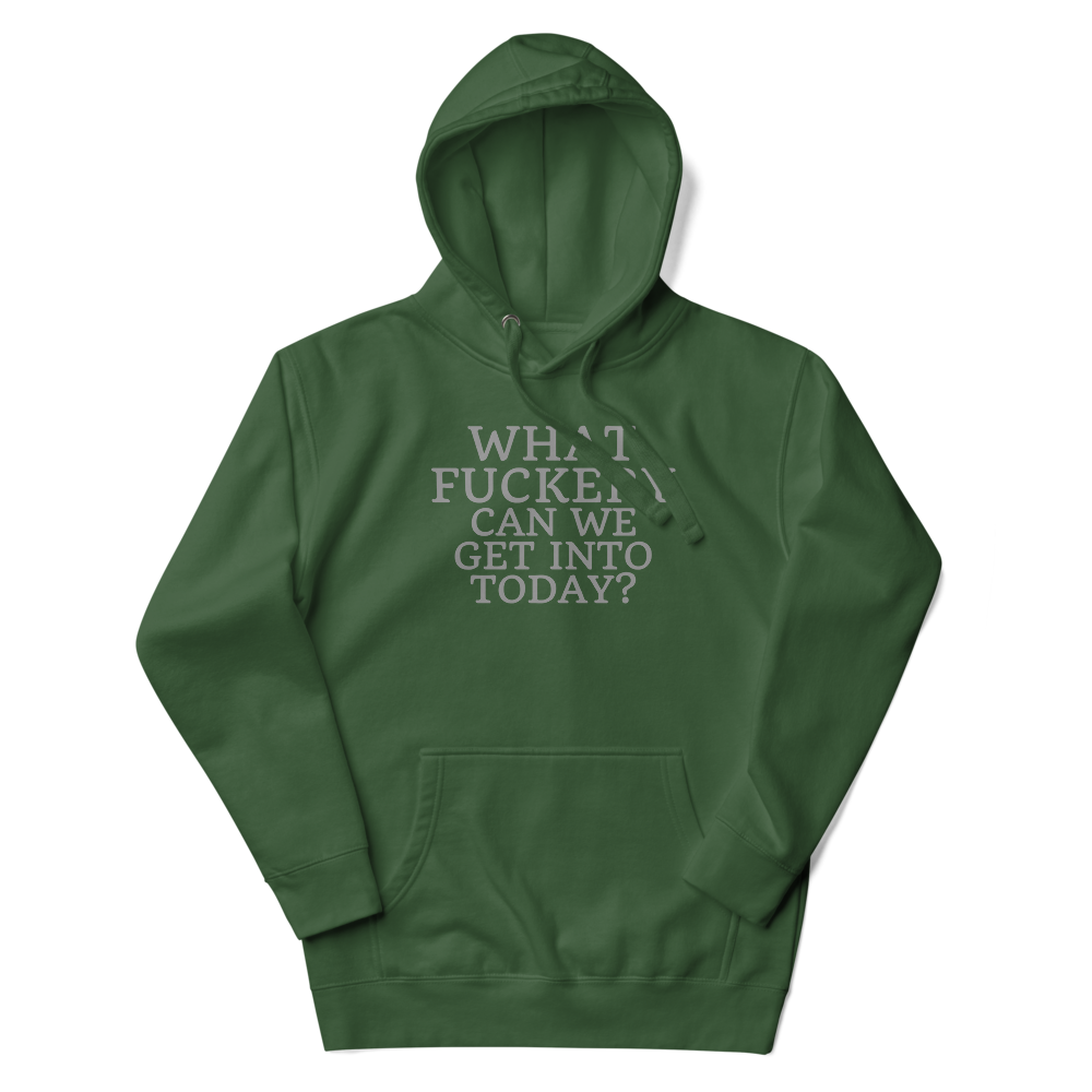 "What fuckery can we get into today?" printed on a forest green unisex hoodie laying on a flat surface with the hood up