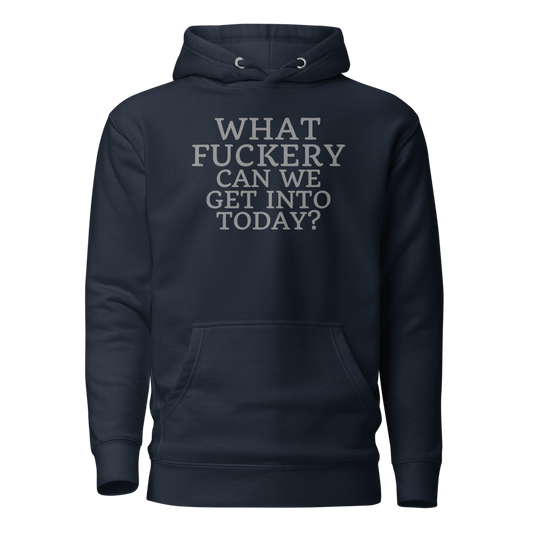 "What fuckery can we get into today?" printed on a navy blazer on an invisible / simulated body