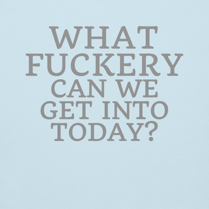 "What fuckery can we get into today?" printed on a sky blue background