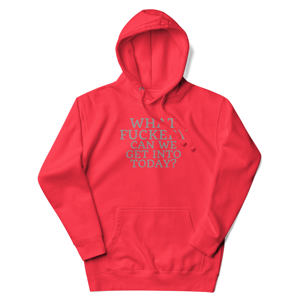 "What fuckery can we get into today?" printed on a team red unisex hoodie laying on a flat surface with the hood up