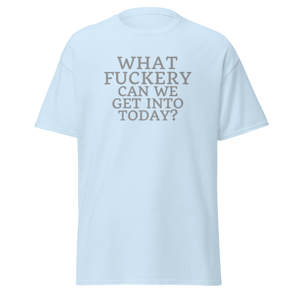 "What fuckery can we get into today?" printed on a light blue on an invisible body