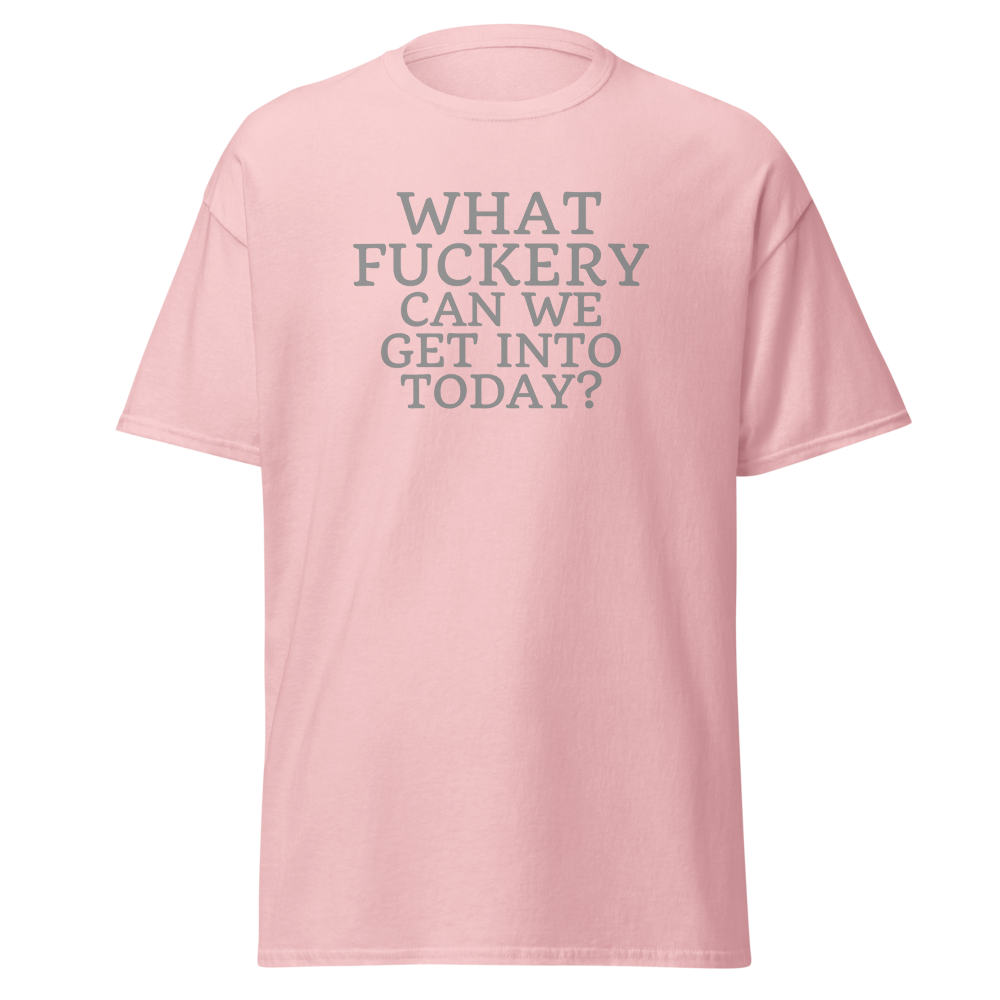 "What fuckery can we get into today?" printed on a light pink on an invisible body