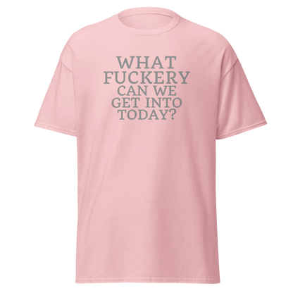 "What fuckery can we get into today?" printed on a light pink on an invisible body